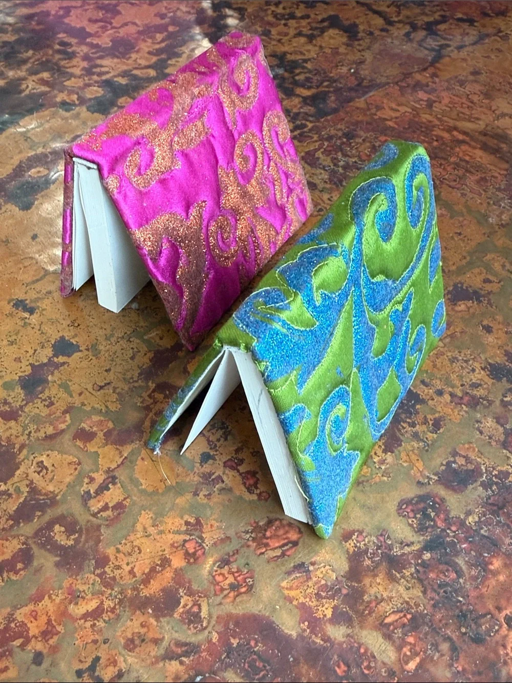 (2) Mini Decorative Satin JournalsLime Green Blue Glitter, Pink Orange Glitter